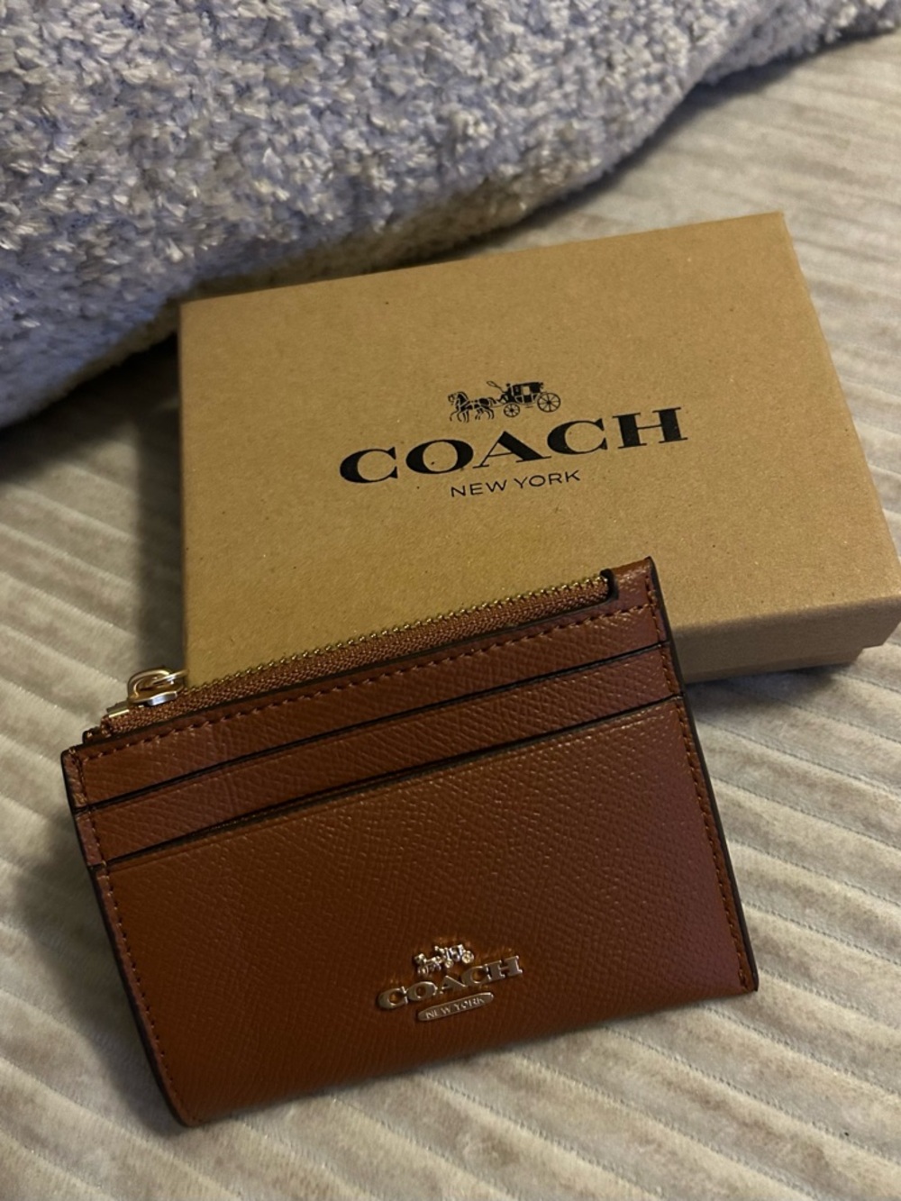 Coach Cognac Brown Leather Zip Card Holder with Gold Hardware